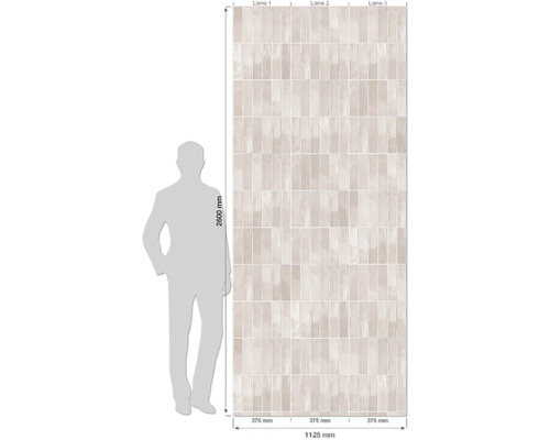 Motif de carreaux muraux avec dimensions et une personne pour comparer les tailles.