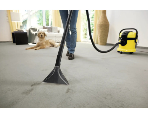Nettoyeur de tapis en cours d''utilisation pour nettoyer un tapis dans un salon.