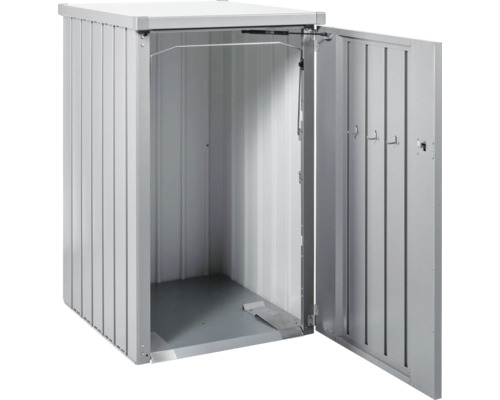 Geöffnete Mülltonnenbox aus Metall zur Mülltonnenaufbewahrung