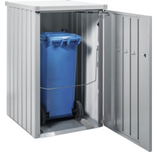 Cache-conteneur avec porte ouverte et poubelle bleue