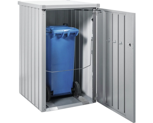 Mülltonnenbox mit geöffneter Tür und blauer Mülltonne