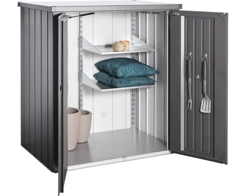 Armoire de jardin en métal avec étagères et outils de jardinage