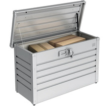 Boîte de rangement métallique ouverte avec deux cartons à l''intérieur