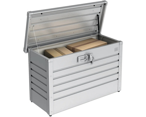 Boîte de rangement métallique ouverte avec deux cartons à l''intérieur