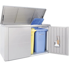 Cache-conteneurs avec deux poubelles et outils de jardinage