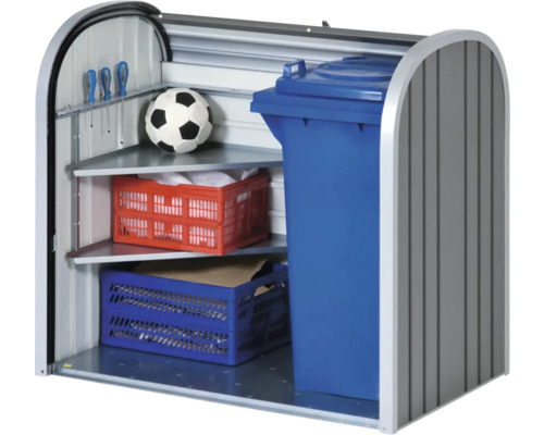 Mülltonnenbox mit Regalen zur Aufbewahrung von Gegenständen und einer Mülltonne