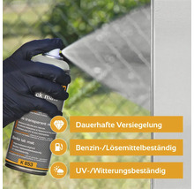 Bombe de laque transparente en application pour une étanchéité durable, une résistance à l''essence et aux solvants, ainsi qu''une résistance aux UV et aux intempéries.
