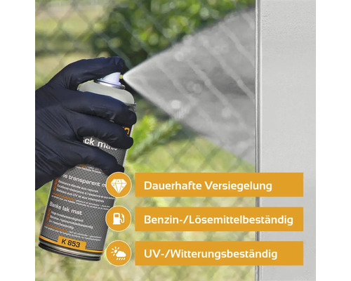 Bombe de laque transparente en application pour une étanchéité durable, une résistance à l''essence et aux solvants, ainsi qu''une résistance aux UV et aux intempéries.