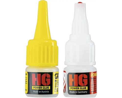 Deux flacons de colle HG Power Glue, fabriqués en Autriche et en Allemagne