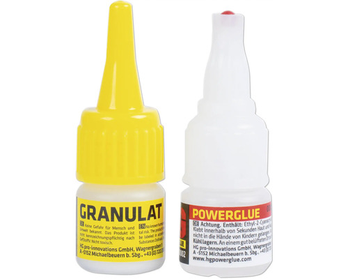 Deux flacons de colle instantanée, Granulat et Powerglue, côte à côte