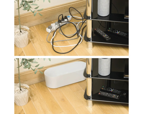 Vorher-Nachher-Ansicht einer Kabelsammelbox zur Kabelorganisation