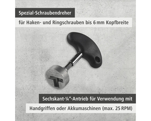 Spezialschraubendreher für Haken- und Ringschrauben bis 6 mm Kopfbreite mit Sechskant-Viertel-Zoll-Antrieb