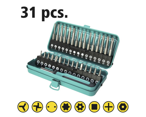 Jeu de 31 embouts de tournevis dans une boîte ouverte