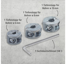 Lot de trois butées de profondeur pour forets de diamètres 6 mm, 8 mm et 10 mm et clé Allen de 3 mm