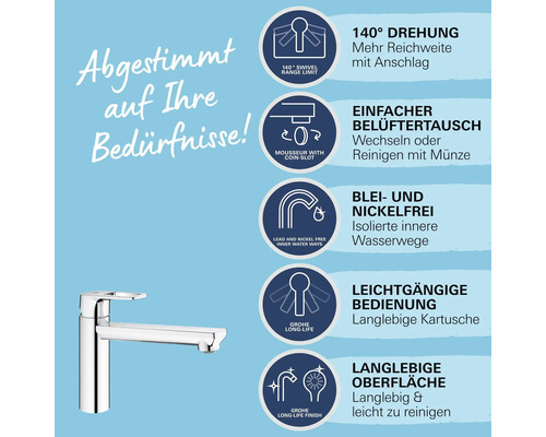 Produktinformationen zu einer Armatur mit Hinweisen zu 140 Grad Drehung, einfachem Belüftertausch, Blei- und Nickelfreiheit, leichtgängiger Bedienung und langlebiger Oberfläche