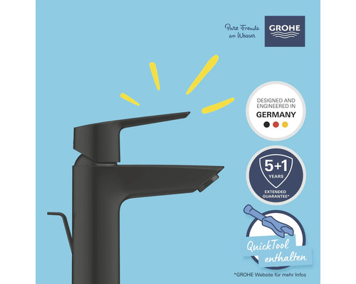 Robinet noir avec labels de garantie et de qualité.