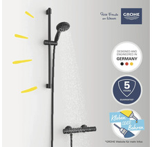Système de douche avec barre de douche et douchette à main. Logo Grohe. Garantie de cinq ans. Conçu et fabriqué en Allemagne. Coller ou percer.