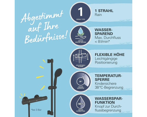 Caractéristiques du système de douche Grohe : type de jet, fonction d’économie d’eau, hauteur flexible, blocage de la température et bouton d’économie d’eau pour la limitation du débit.
