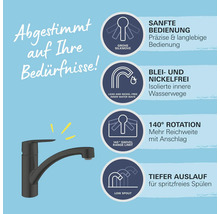 Robinet avec caractéristiques du produit : fonctionnement en douceur, voies d''eau sans plomb ni nickel, rotation à 140 degrés et bec profond