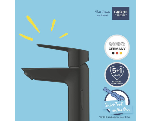 Robinet noir avec logo Grohe, sceau pour conçu et fabriqué en Allemagne, sceau pour cinq ans plus un an de garantie et QuickTool inclus