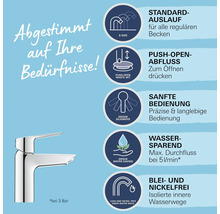 Produktinformationen zu einem Wasserhahn mit Standardauslauf, Push Open Abfluss, sanfter Bedienung, Wassersparfunktion sowie blei- und nickelfreien Wasserwegen.