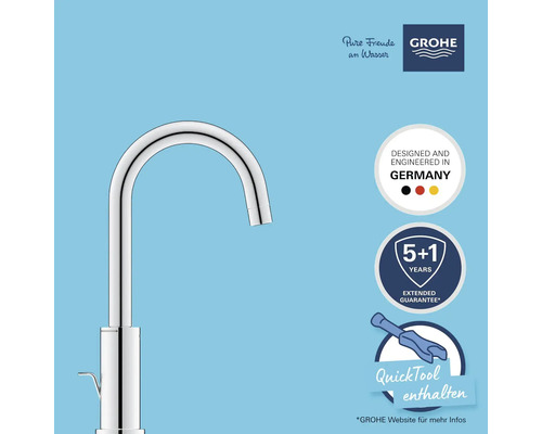 Robinet Grohe avec des informations sur le développement allemand, la garantie et QuickTool