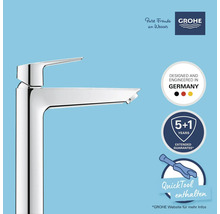 Grohe Einhebel-Waschtischarmatur mit Grohe Logo, Siegel Designed and Engineered in Germany, fünf plus ein Jahr erweiterte Garantie und QuickTool