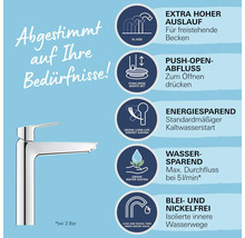 Produktinformationen zu einem Wasserhahn mit Merkmalen wie hohem Auslauf, Push-Open-Abluss, energiesparend, wassersparend sowie blei- und nickelfreien Wasserwegen