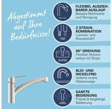 Caractéristiques du produit pour un robinet de cuisine : bec flexible, deux types de jet, rotation à 90 degrés, voies d''eau sans plomb ni nickel, fonctionnement en douceur