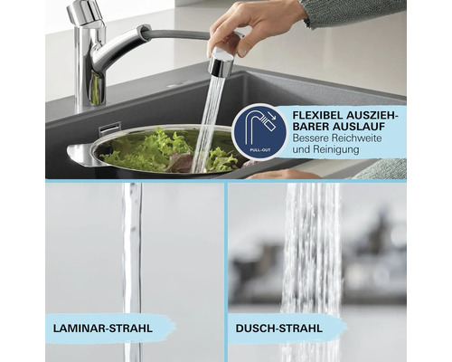 Robinet de cuisine avec douchette extractible et deux types de jet