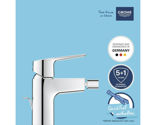 Glänzende Armatur für das Bidet mit QuickTool und fünf plus eins Jahr erweiterter Garantie.