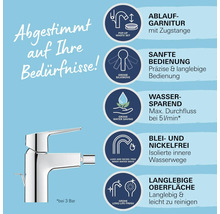 Robinet avec garniture de vidage, commande souple, fonction d''économie d''eau, voies d''eau sans plomb ni nickel et surface durable