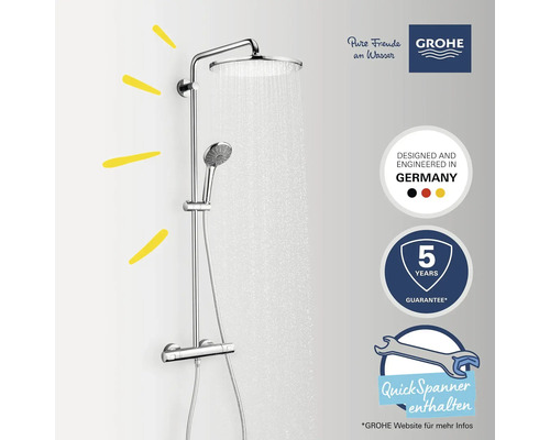 Système de douche avec douche de tête et douchette à main en métal avec mitigeur thermostatique et références au développement allemand et garantie de 5 ans ainsi qu''une clé à molette