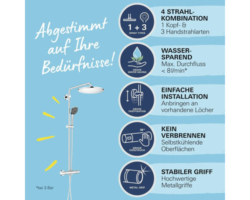 Système de douche avec douche de tête et douchette à main et les indications : quatre types de jet, économie d''eau, installation facile, pas de brûlure, poignée stable