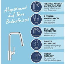 Küchenarmatur mit ausziehbarem Auslauf, zwei Strahlarten, blei- und nickelfreien Wasserwegen, Grohe SilkMove Technologie und hohem Auslauf.