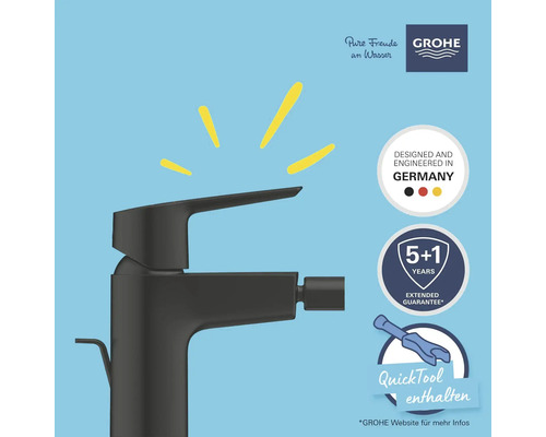 Schwarze Grohe Waschtischarmatur mit QuickTool und erweiterter Garantie