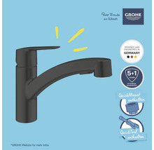 Schwarze Küchenarmatur mit Grohe Logo, Hinweise auf Qualitätssiegel und Montagehilfen