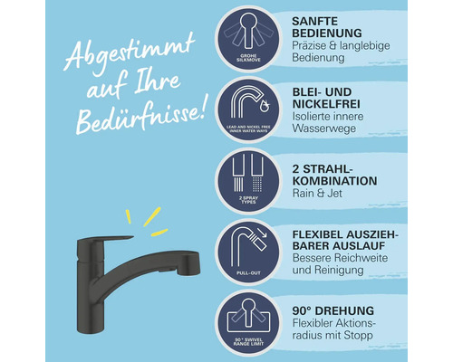 Küchenarmatur mit Produkteigenschaften und Symbolen