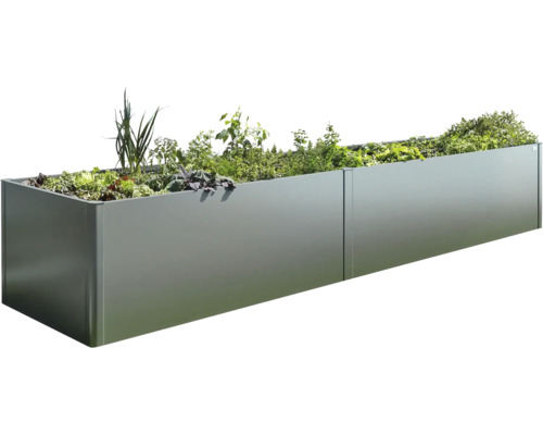 Long bac à plantes en métal avec diverses plantes