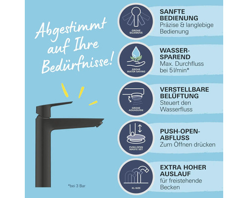 Schwarzer Wasserhahn mit Produktdetails zu Funktionen wie Wassersparen und sanfter Bedienung