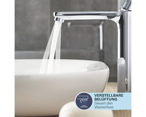 Waschtischarmatur mit Wasserfluss und Grohe Aquaguide Symbol für verstellbare Belüftung zur Steuerung des Wasserflusses