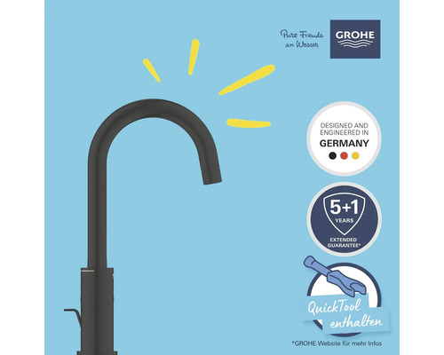 Wasserhahn mit Hinweisen zu Design aus Deutschland, Garantie und enthaltenem Werkzeug