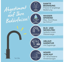 Armatur mit Produktvorteilen wie sanfte Bedienung, Wassersparfunktion, Blei- und Nickelfreiheit, Ablaufgarnitur und hohem Auslauf