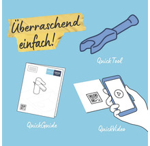 Abbildung von einer Schnellmontageanleitung, einem Werkzeug, einem QR-Code und dem Slogan: überraschend einfach!