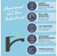 Küchenarmatur mit Produktvorteilen wie sanfte Bedienung, Blei- und Nickelfreiheit, 140 Grad Drehung, einfacher Belüftertausch und tiefem Auslauf