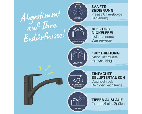 Küchenarmatur mit Produktvorteilen wie sanfte Bedienung, Blei- und Nickelfreiheit, 140 Grad Drehung, einfacher Belüftertausch und tiefem Auslauf