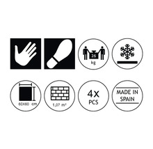Pictogrammes et symboles des propriétés du produit : contact manuel, antidérapant, poids 26 kg, résistance au gel, dimensions des carreaux 60x60 cm, superficie 1,07 m², 4 pièces par paquet, Made in Spain