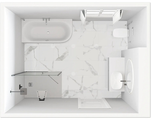 Vue de dessus d''une salle de bains avec baignoire, douche, lavabo et toilettes.