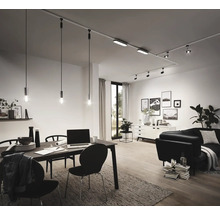 Salon avec table à manger, canapé et système de rails avec spots et suspensions.