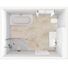 Draufsicht eines Badezimmers mit Badewanne, Dusche, Toilette und Waschbecken